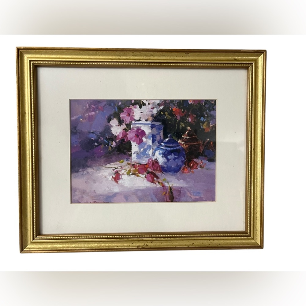 Framed Floral Still Life Painting Print in Purple Tones